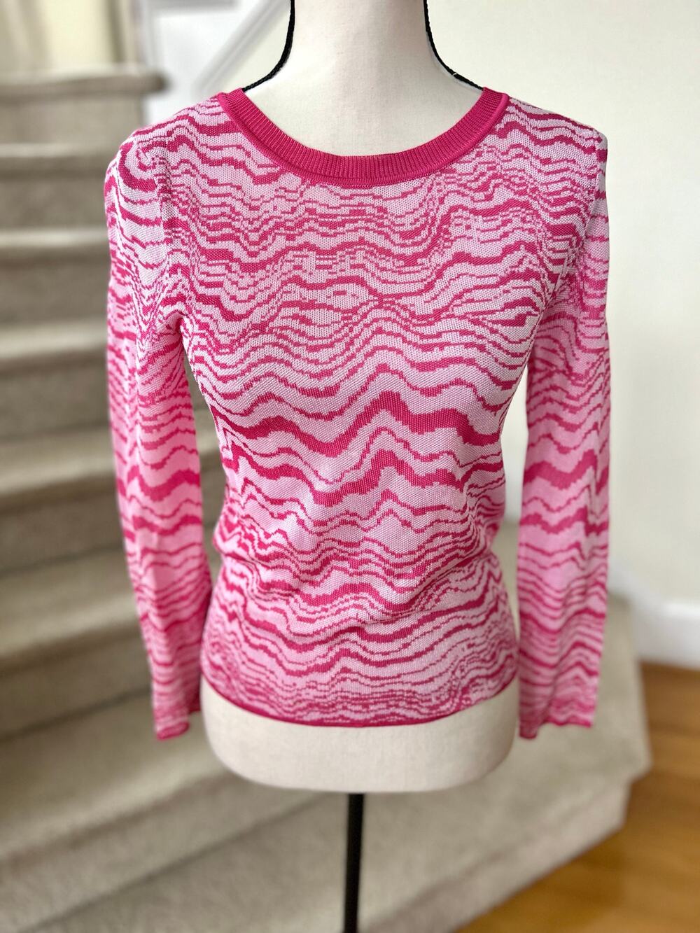 Milly Pink Tone on Tone Wavy Jacquard Long Sleeve Crewneck Sweater